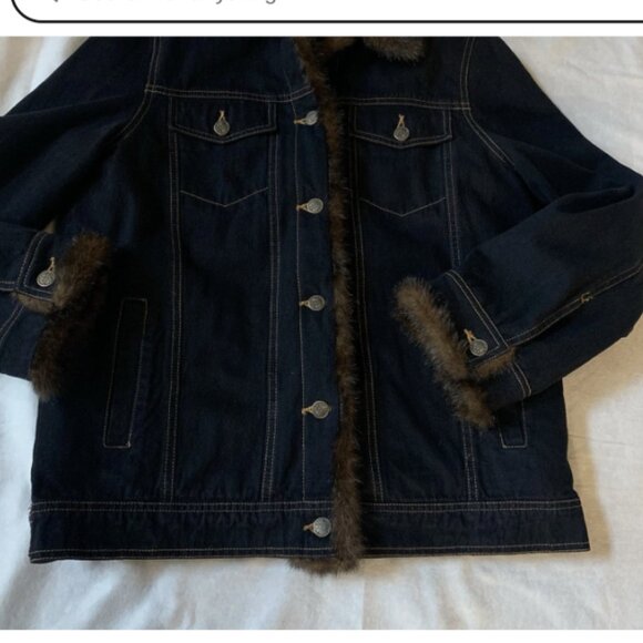 Dennis Basso Dark Blue Denim Jean Jacket w/ Removable Faux Fur Vest NWOT Sz L - Picture 13 of 15